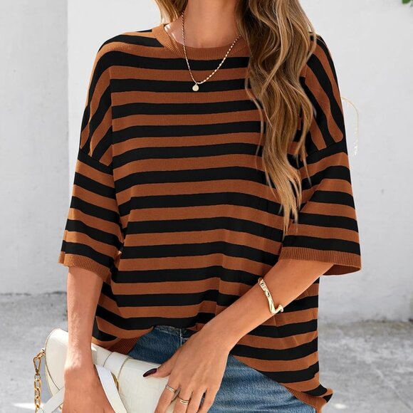 Women's Lightweight Knit Short Sleeve Top Spring Summer Crew Neck Oversized - Picture 7 of 8